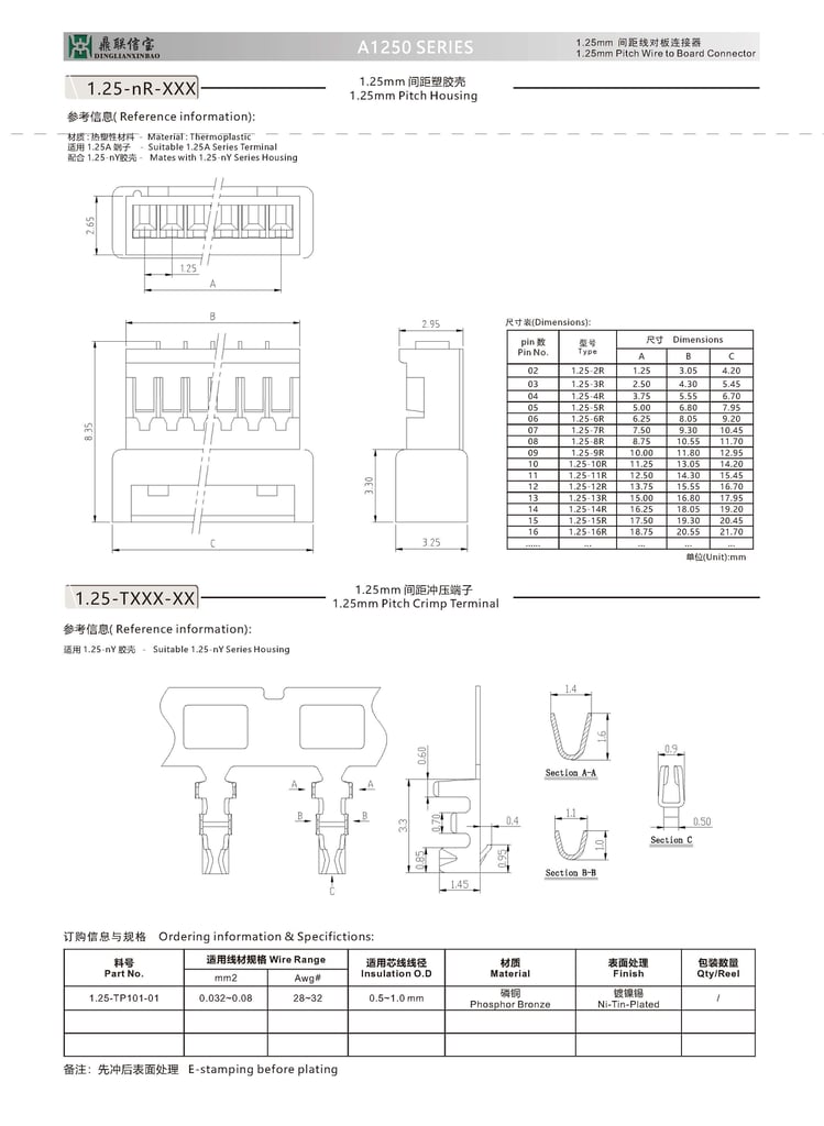 A1250 Jst 1.25mm Pitch Smt Wire Connector