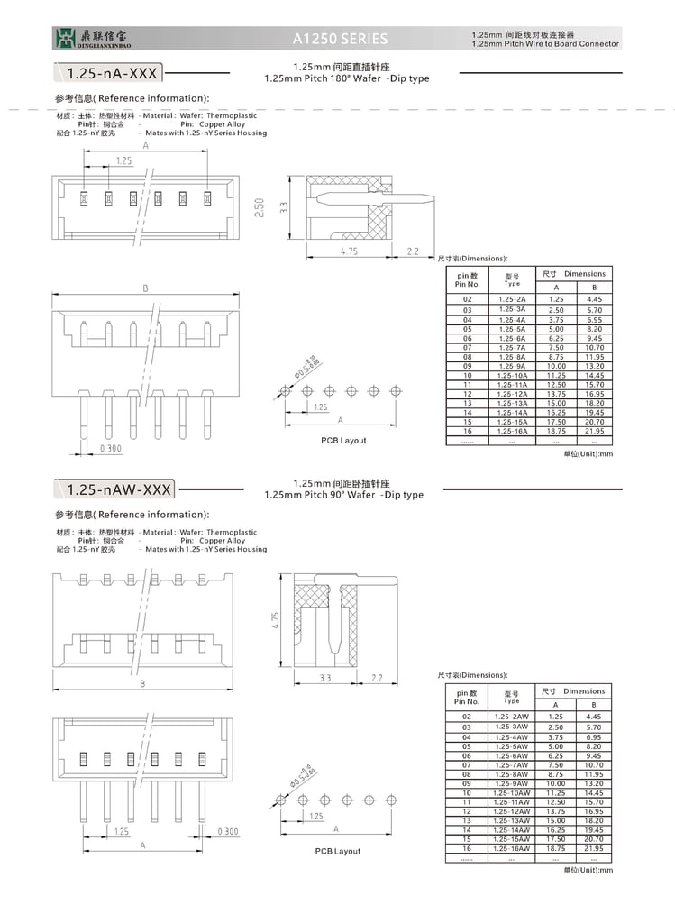 A1250 Jst 1.25mm Pitch Smt Wire Connector