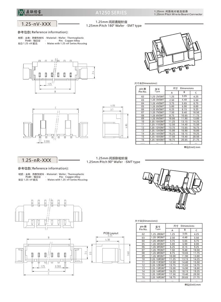 A1250 Jst 1.25mm Pitch Smt Wire Connector